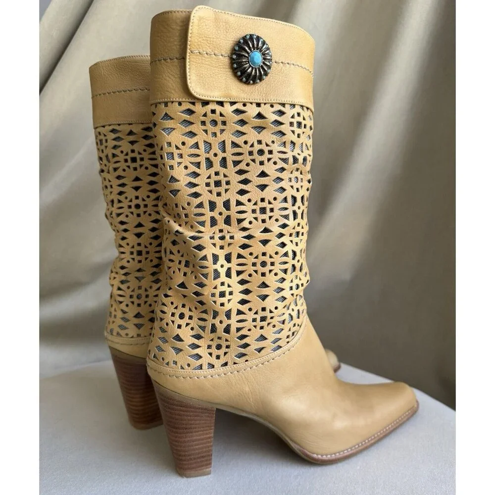 Stuart Weitzman Tan Leather Western Size 7 Heel Boots Turquoise - Picture 3 of 10